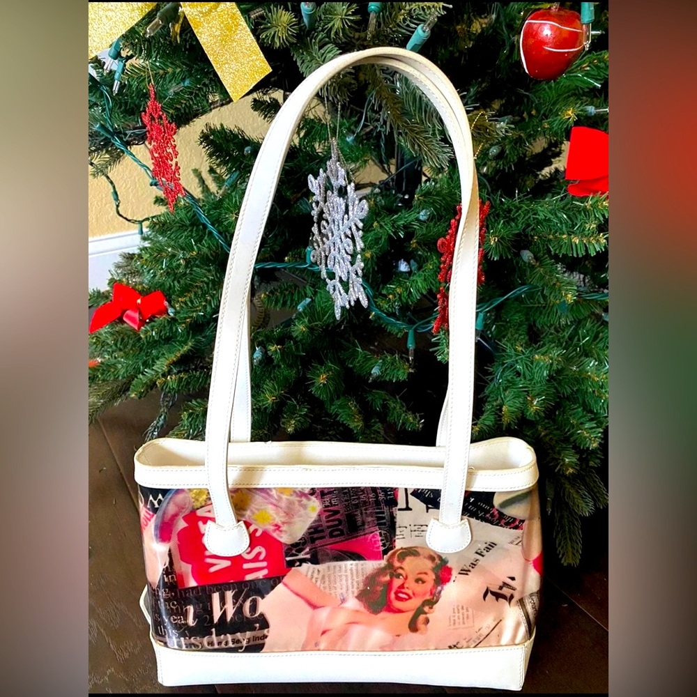 Vintage MX Marilyn Monroe WhiteLeather ShoulderTote ZipperPocketsPinkSilk 13”L